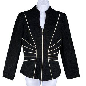 Caché Womens S Black Zip Up Blazer Silver Piping Structured Fit Career Office